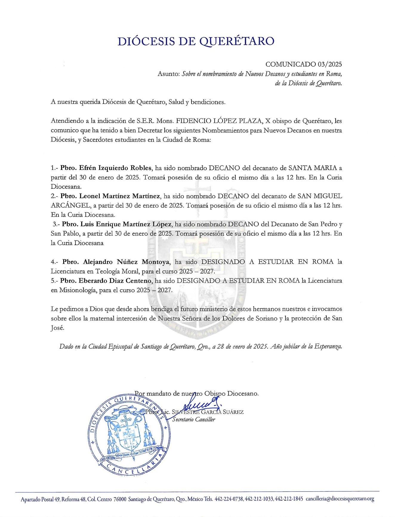 COMUNICADO 03/2025. Asunto: Sobre el nombramiento de Nuevos Decanos y estudiantes en Roma, de la Diócesis de Querétaro.